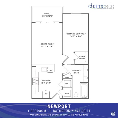 Floor plan for 1 bed, 1 bath, 791 sqft